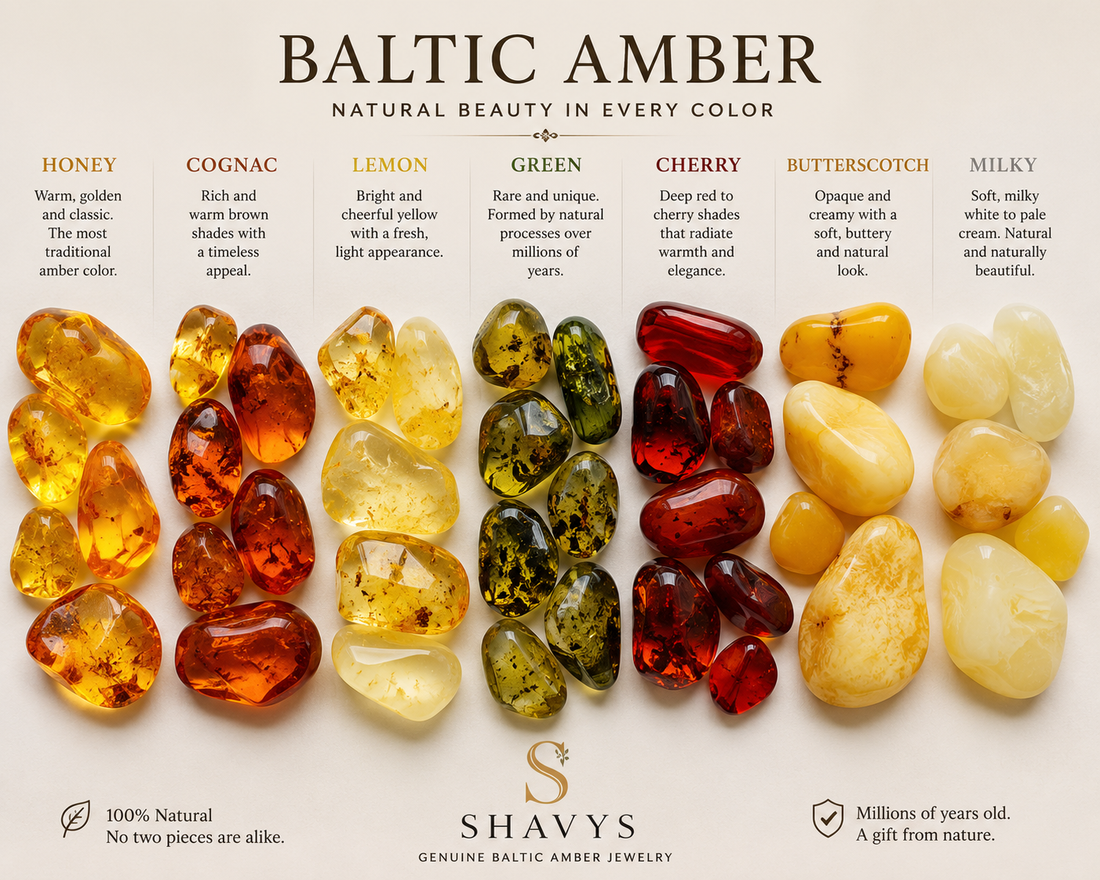 Genuine Baltic amber in different natural colors including honey, cognac, lemon, green, cherry, butterscotch, and milky amber.