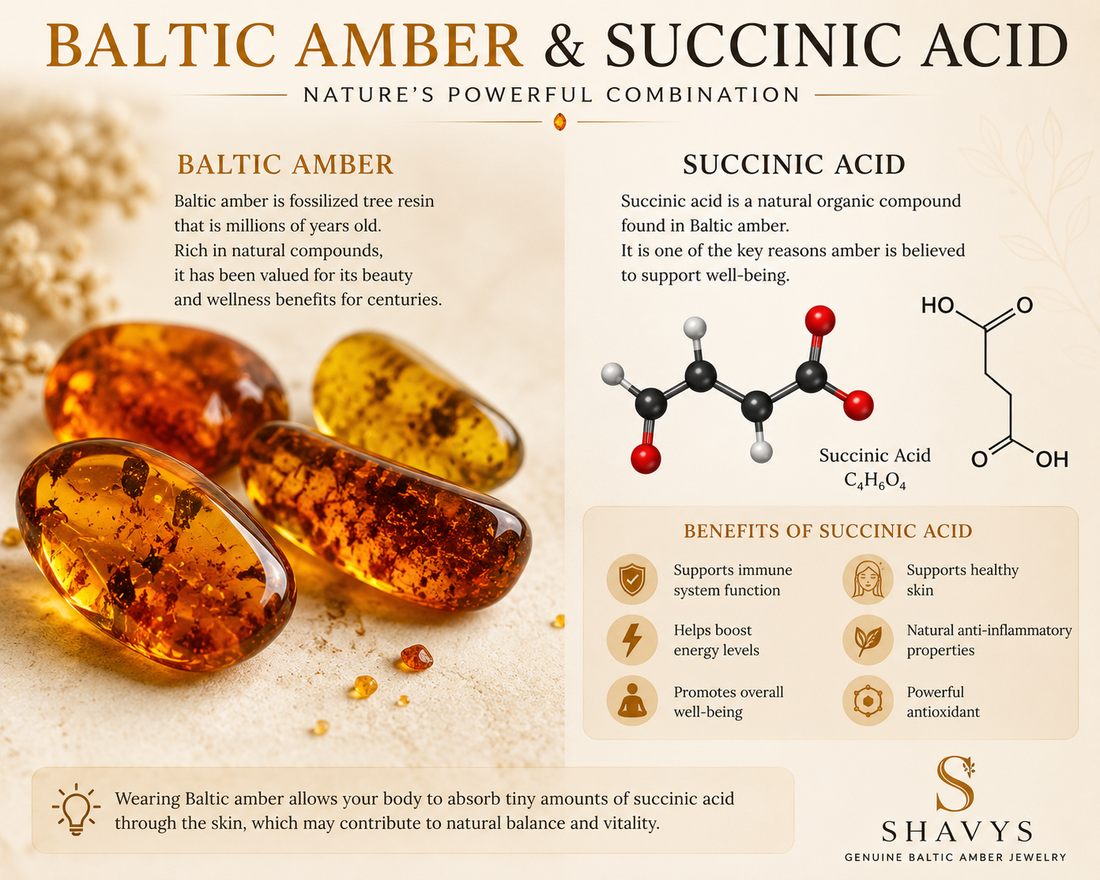 Educational infographic about genuine Baltic amber and succinic acid featuring natural amber stones and the succinic acid molecular structure.