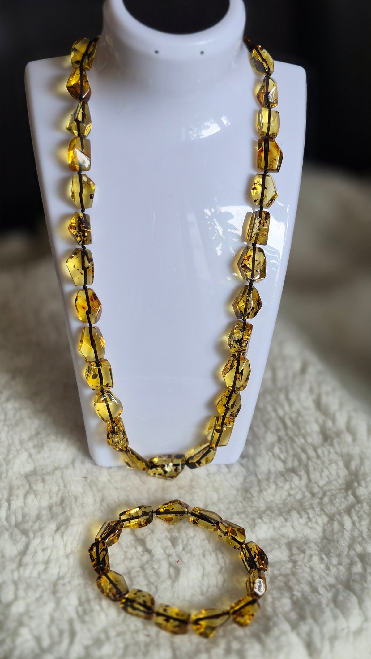 Polished Green Baltic Amber Necklace and Bracelet Set
