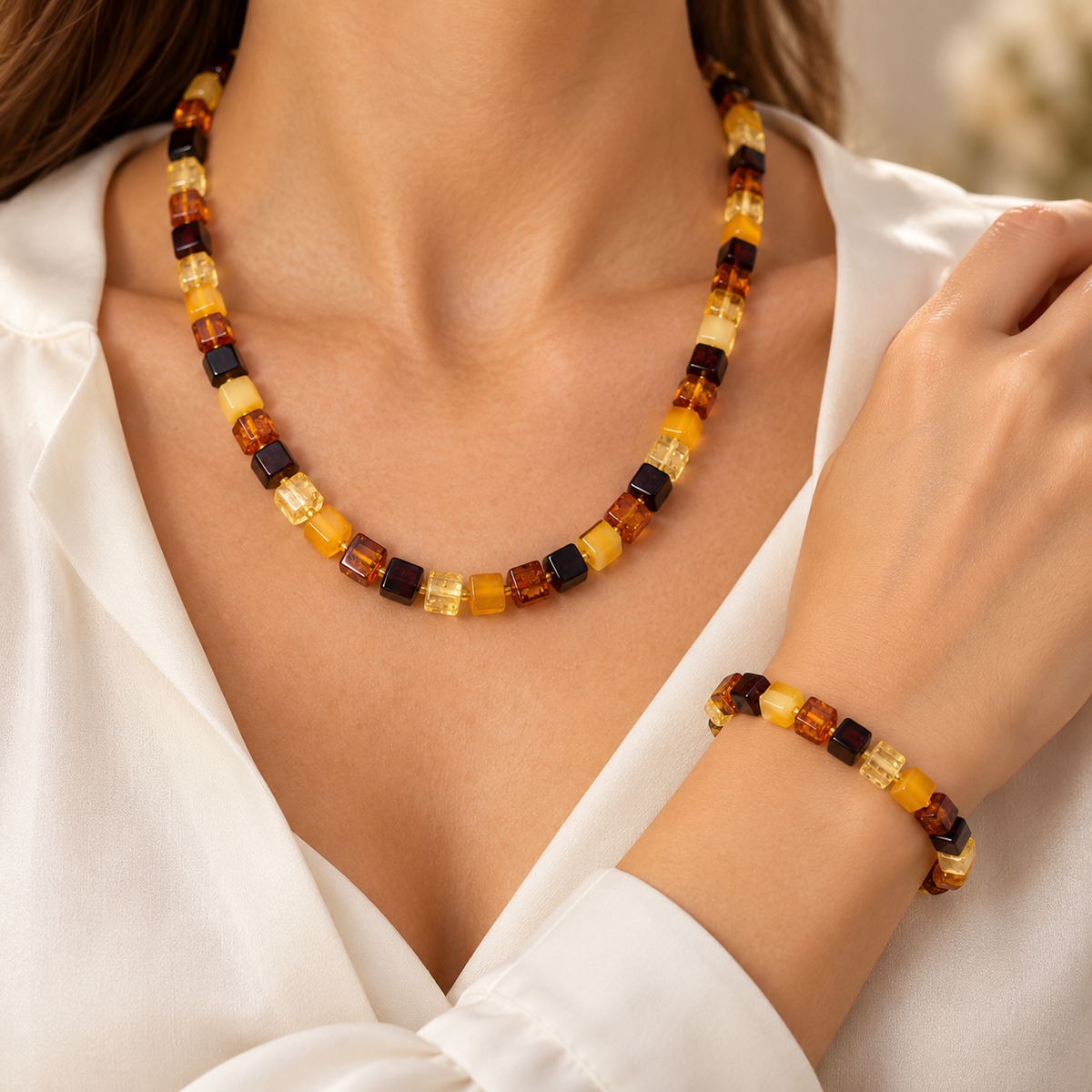 Amber Cube Bead Necklace and Bracelet Set – 52 cm