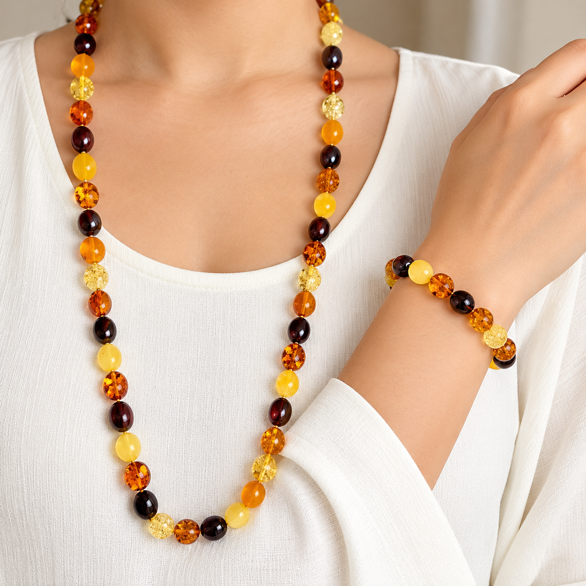 Multicolour Baltic Amber Necklace and Bracelet Set