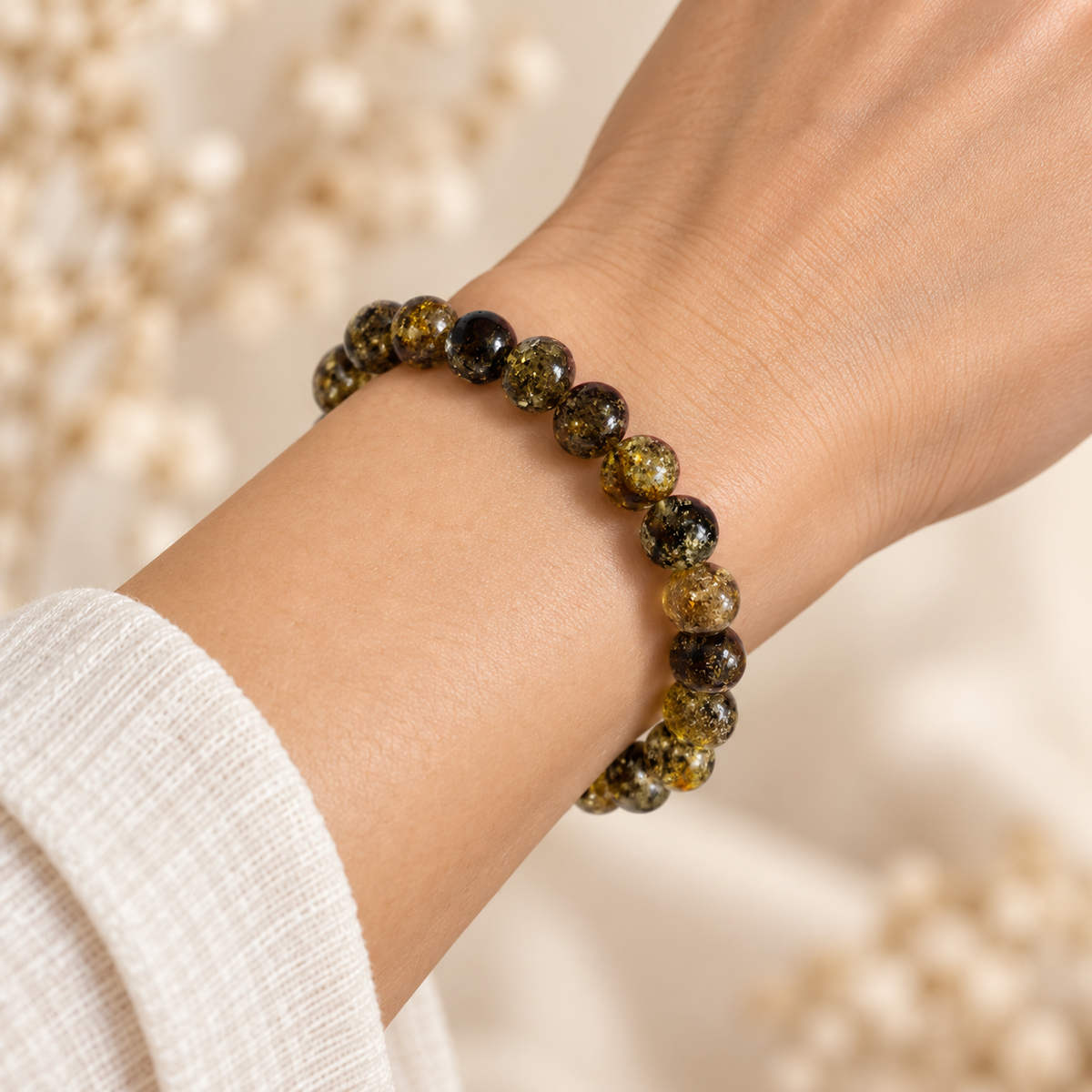 Polished Green Baltic Amber Bracelet – Oval Beads