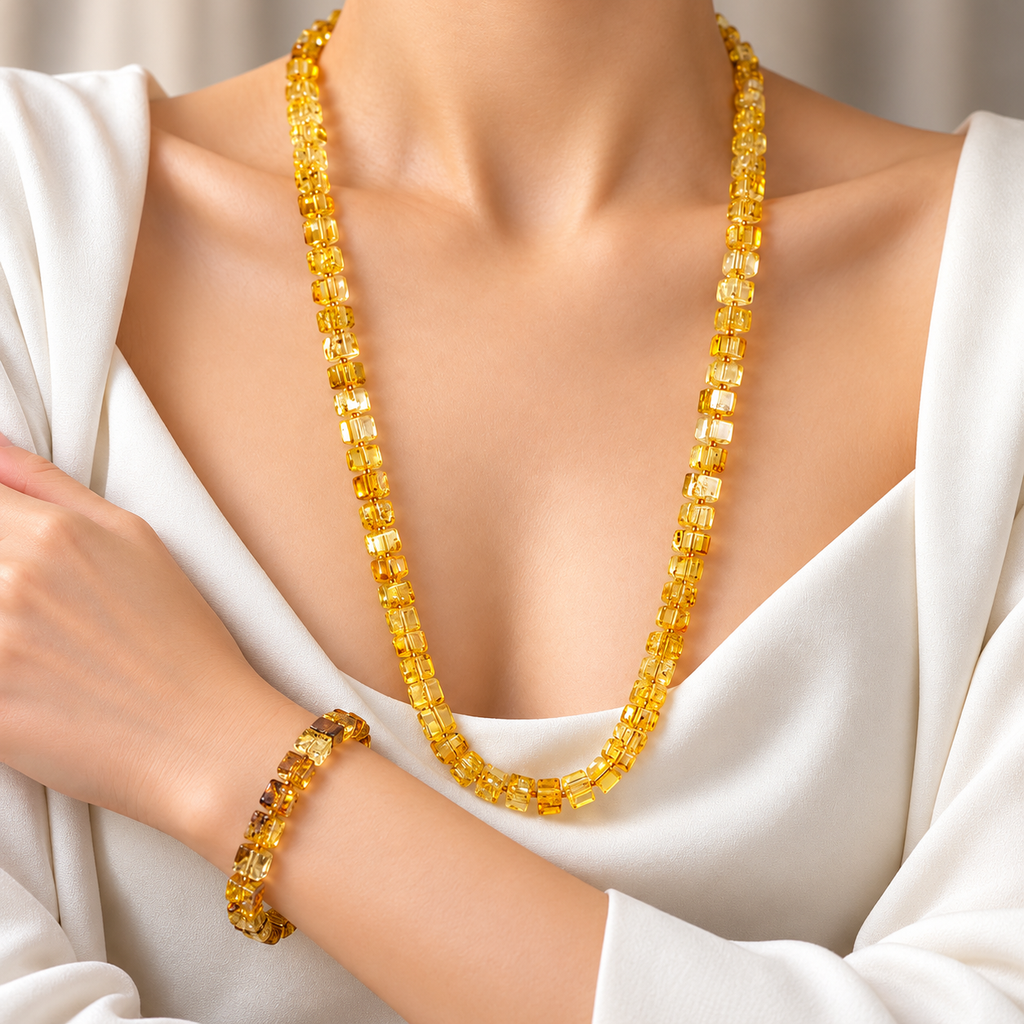 Amber Cube Bead Necklace and Bracelet Set – 53 cm