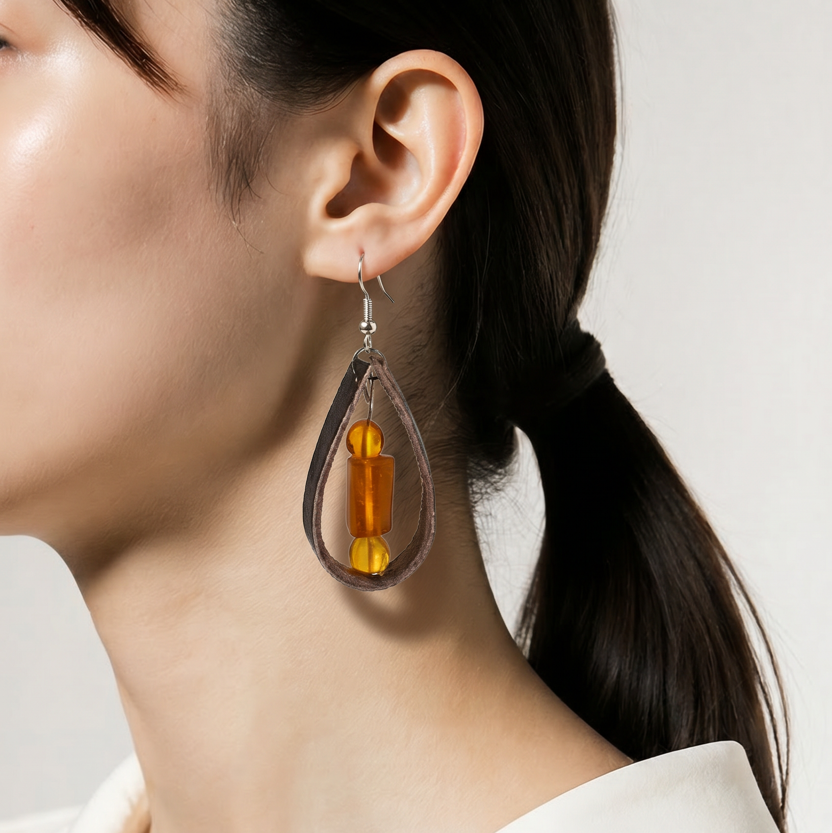 Baltic Amber and Genuine Leather Earrings