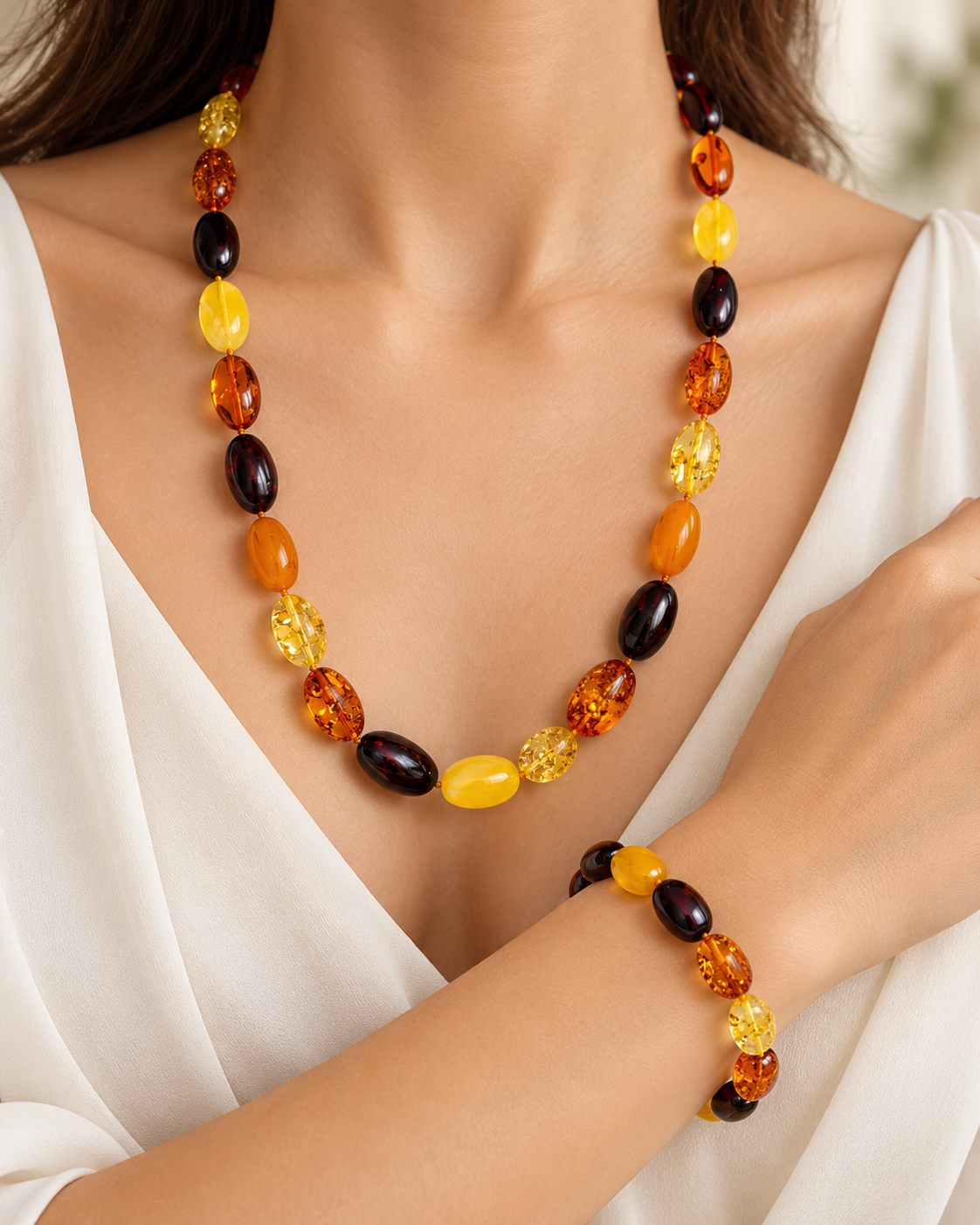 Large Oval Multicolour Baltic Amber Necklace and Bracelet Set