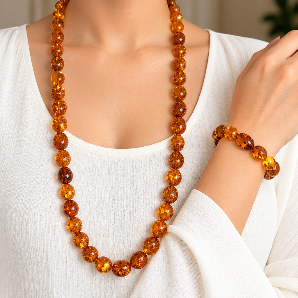 Genuine Baltic Amber Necklace and Bracelet Set – Cognac