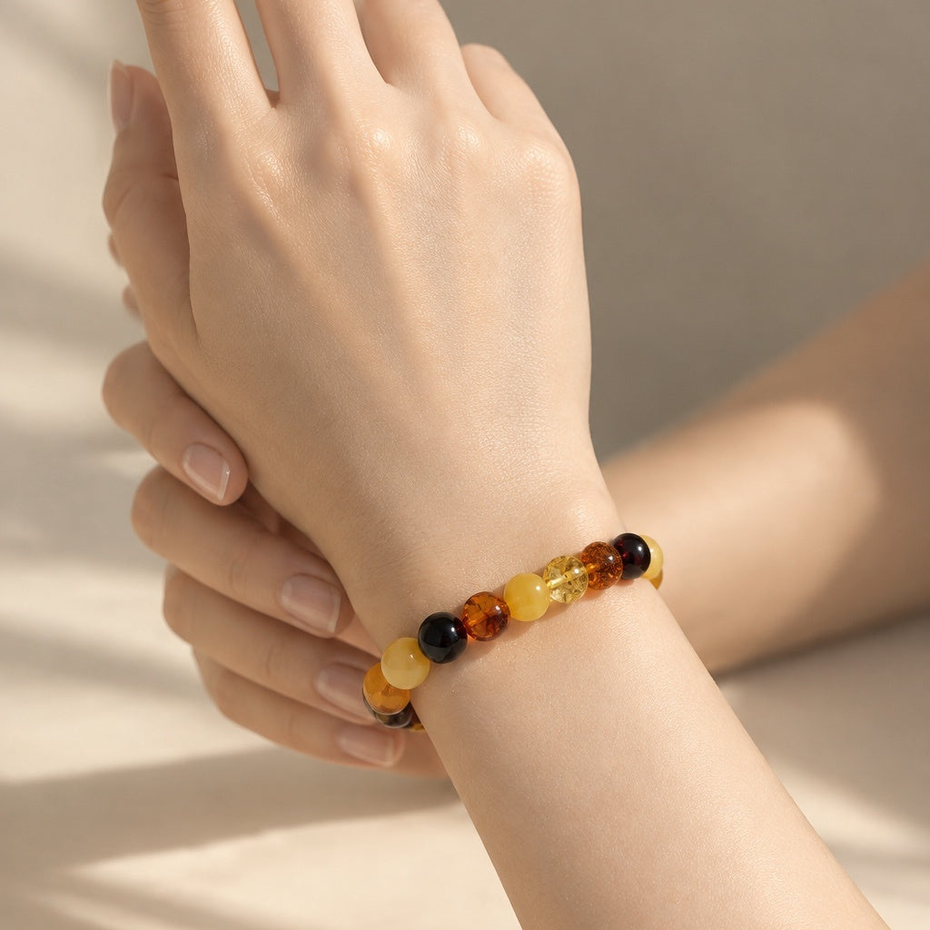Polished Multicolour Baltic Amber Bracelet – Rounded Oval Beads